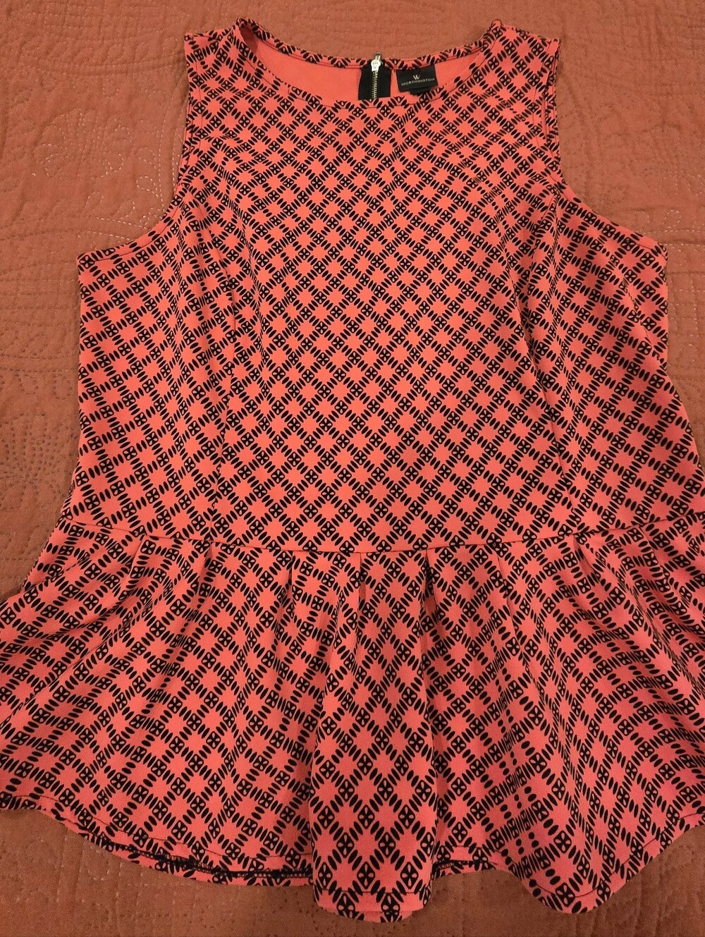 Sleeveless Bright Coral Peplum Top with Black Diamond Print